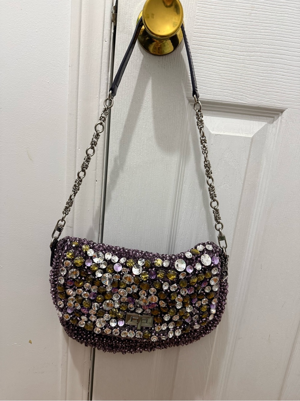 Purple Crystal-Embellished Shoulder Bag with Chain Strap